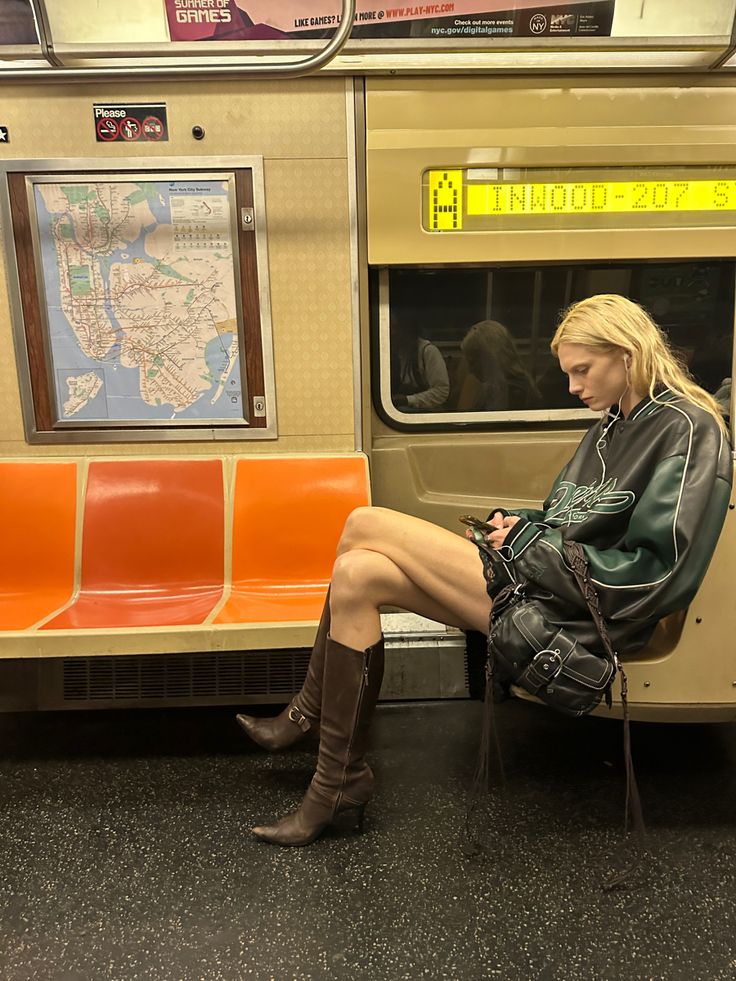 a woman sitting on a subway train looking at her cell phone while wearing cowboy boots