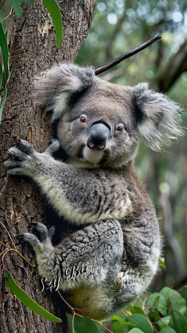 a koala sitting on top of a tree next to green leaves and looking at the camera