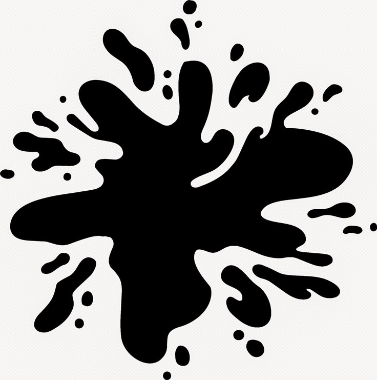 black ink splattered on white paper in the shape of a splashing substance