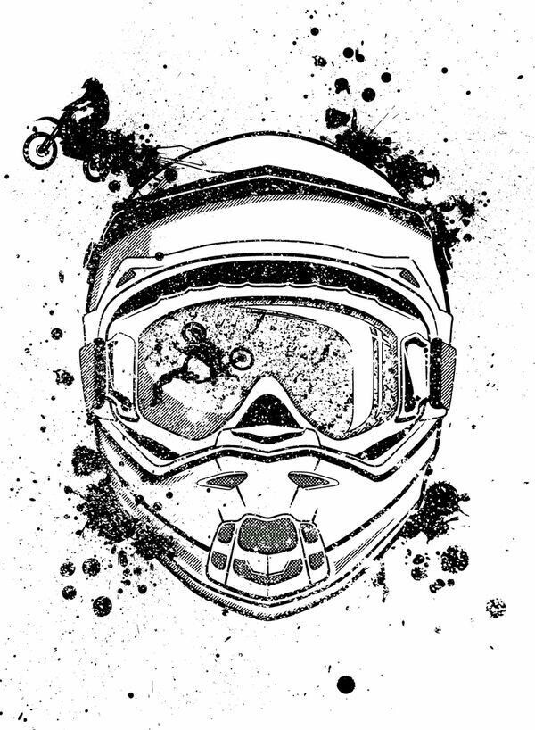 a motorcycle helmet with goggles on it's face and some ink splatters