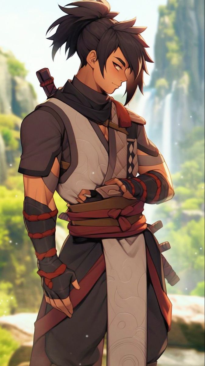 an anime character standing in front of a waterfall with his hands on his hips and looking down