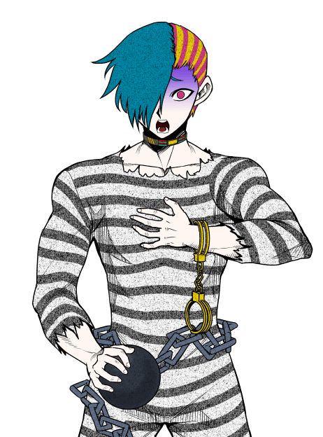 a drawing of a person with blue hair and striped shirt holding a ball in his hand