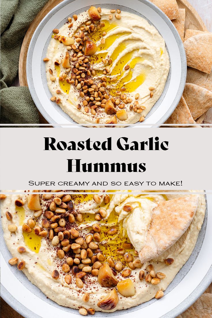 roasted garlic hummus on a plate with pita bread