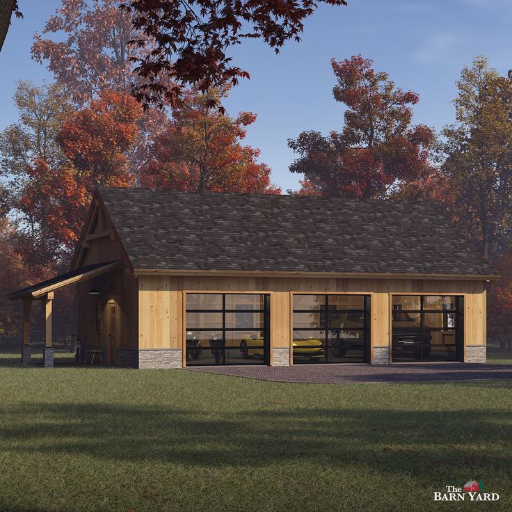 a rendering of a small building in the middle of a field with lots of trees around it