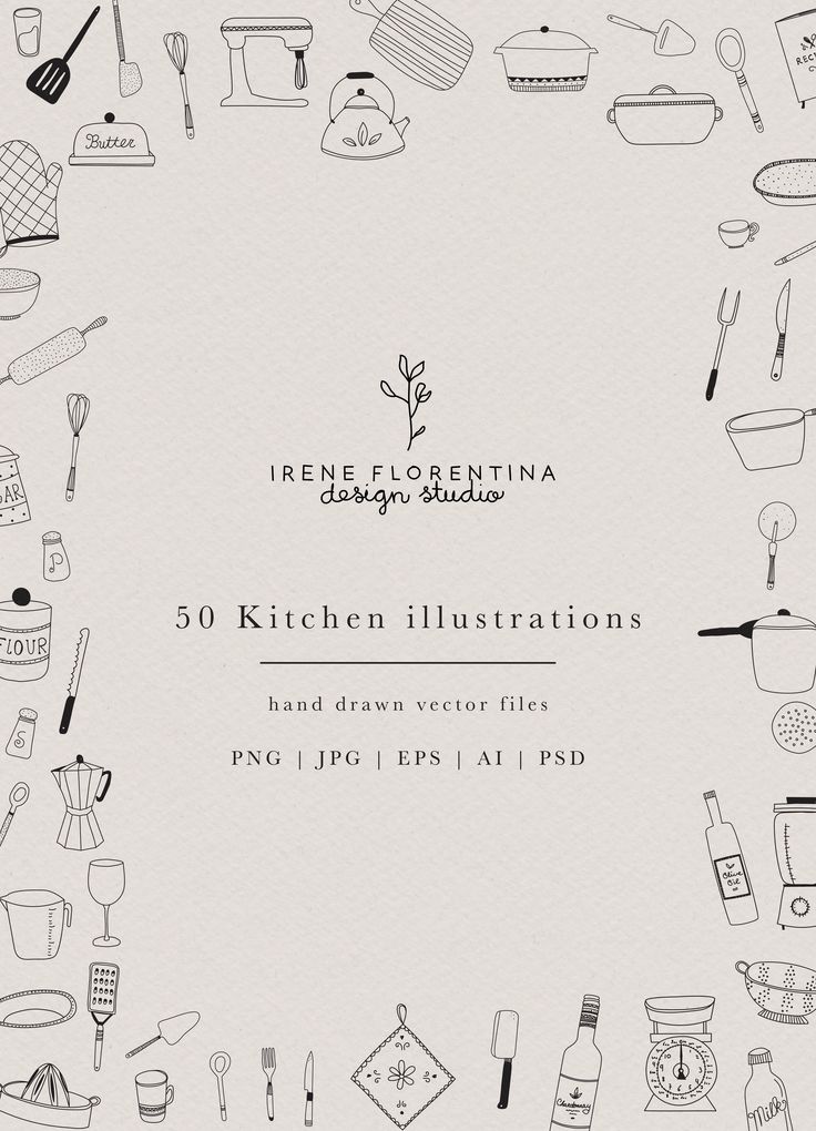 an image of kitchen illustrations with the words, 50 kitchen illustrations and hand drawn objects