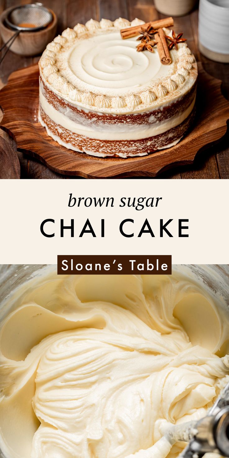 brown sugar chai cake with cream frosting in a glass dish on a wooden platter