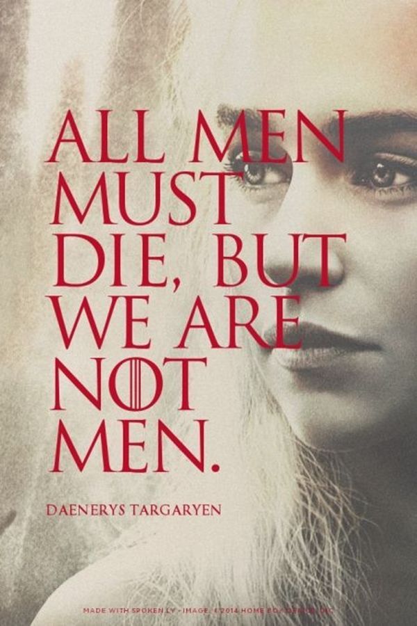 a woman with long white hair and the words all men must die, but we are not men