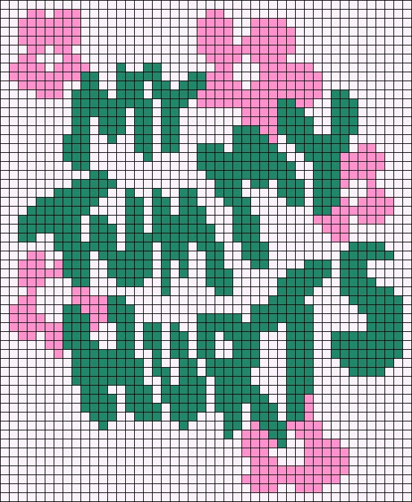 a cross stitch pattern with green and pink flowers in the shape of hearts on a white background