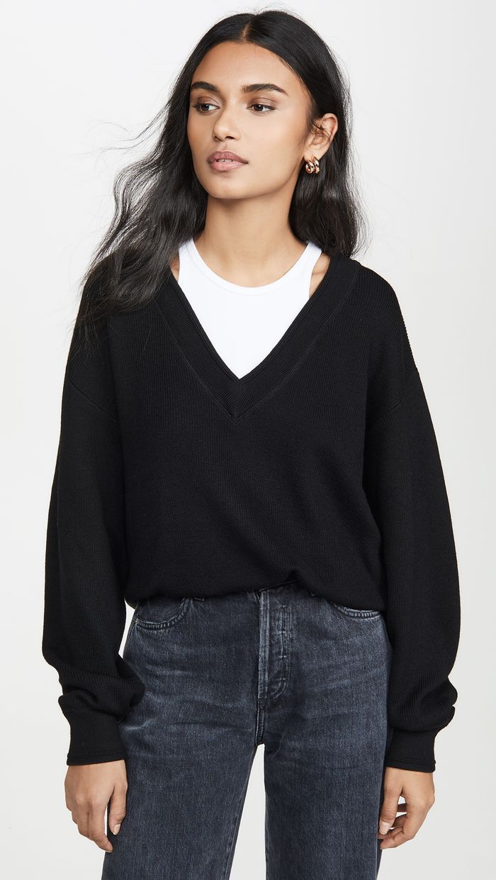 alexanderwang.t Bi-Layer V-Neck Sweater Black V Neck Sweater Outfit, Vneck Sweater Outfit, V Neck Sweater Outfit, Knitted Sweater Outfit, Neck Sweater Outfit, Sweater Outfit Ideas, Black V Neck Sweater, Sweater Outfit, Sweater Layering