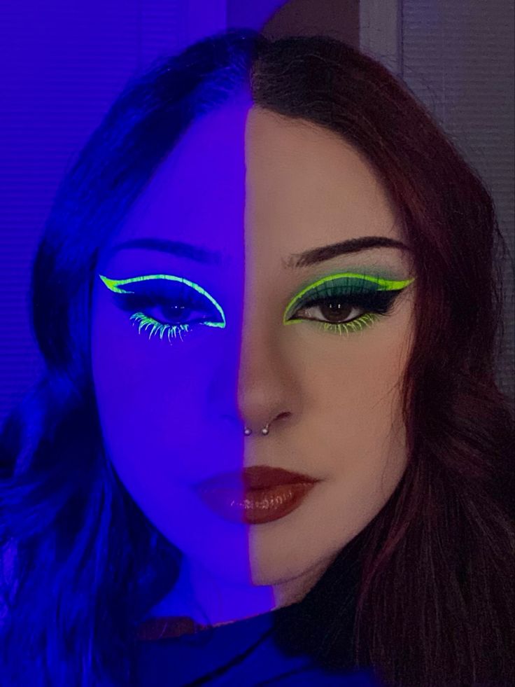 Uv Rave Makeup, Glow In Dark Makeup Ideas, Glow In Dark Makeup, Black Light Makeup Ideas Glow, Glow In The Dark Eyeliner, Neon Makeup Ideas Black Lights, Uv Eyeliner Looks, Black Light Makeup Ideas, Neon Liner Makeup