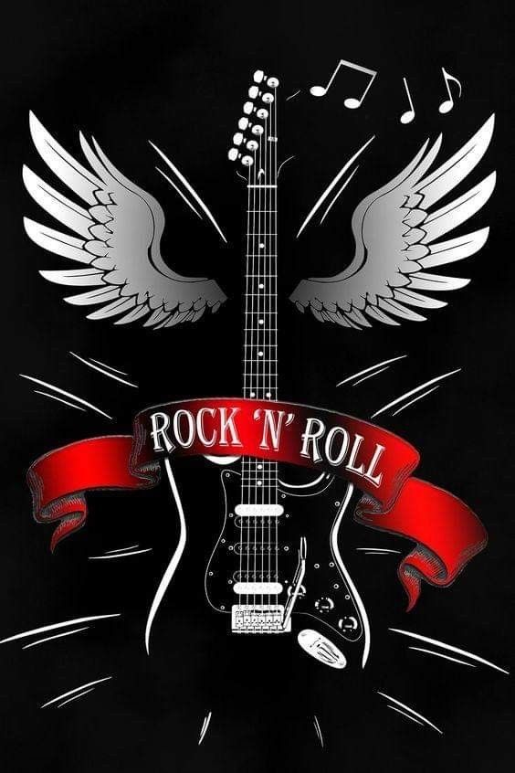 an electric guitar with wings and a red ribbon around it that says rock n'roll