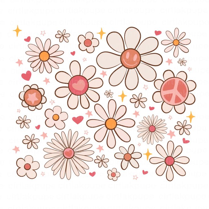 a bunch of flowers with hearts and stars on the bottom one is pink, while the other is white