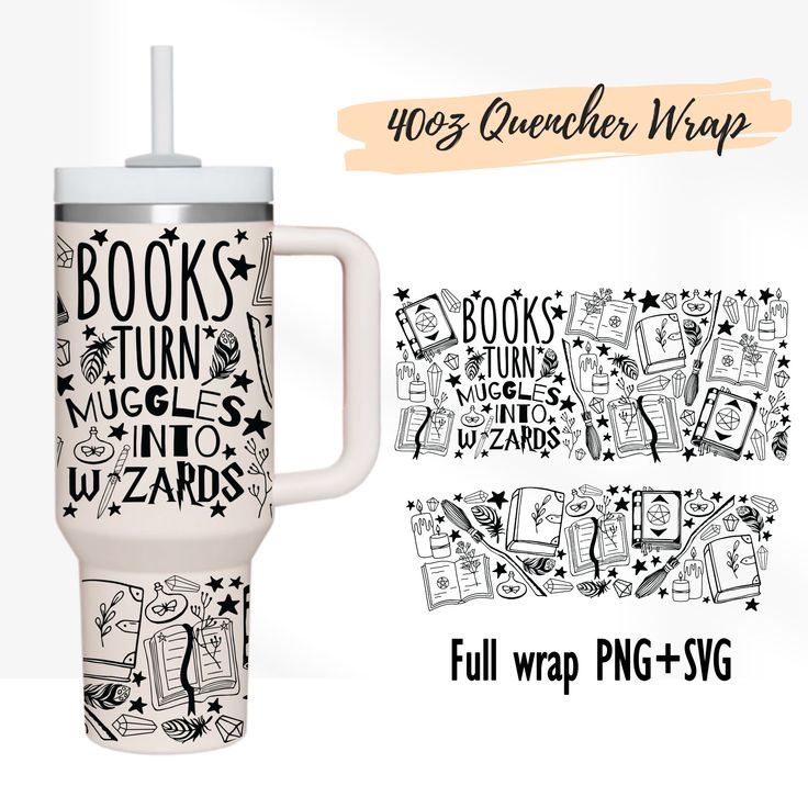 a mug with the words books turn mugs into wands and stars on it