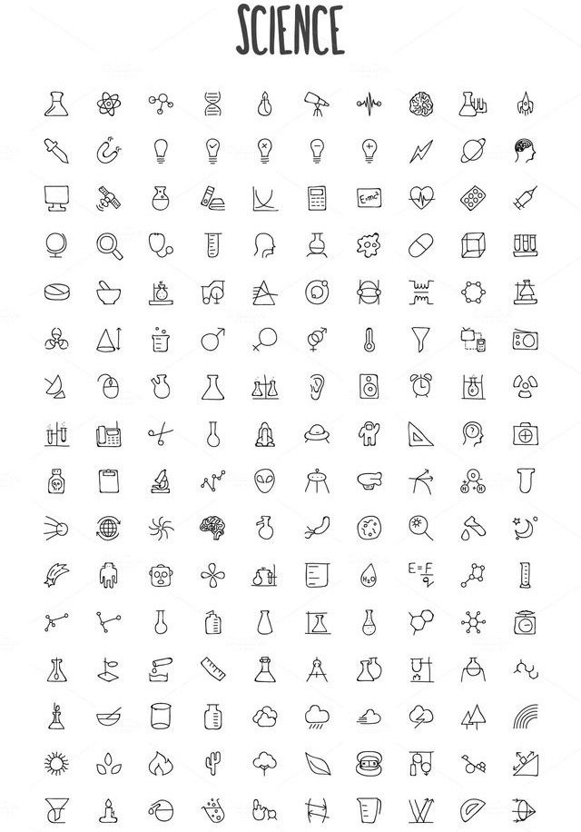 a large set of black and white icons on a white background with the text'150 + science vector icons '