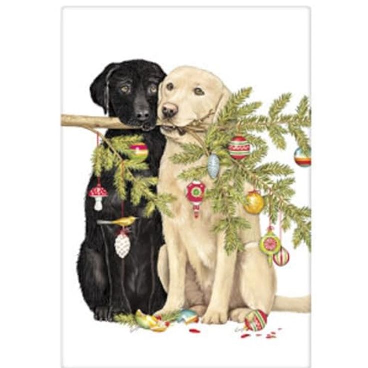 White kitchen towel with a black lab and a yellow lab both carrying the same pine branch decorated with ornament Labrador Christmas Cards, Dog Holiday Cards, Bike Card, Diy Travel Accessories, Dog Christmas Card, Diy Gift Card, Yellow Labrador, Dog Holiday, Christmas Memory