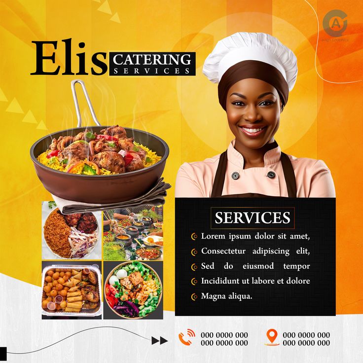 an advertisement for a catering service with a woman in chef's hat and apron