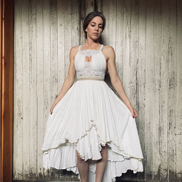 I’m A Professional Designer And Seamstress And This Dress Is Custom Designed And Make From Scratch. It’s 95% Cotton And Linen, With Just The Beading And Bra Inserts Being Synthetic Materials. It’s Perfect For A Boho/Hippie Style Wedding For Someone That Values That Natural Esthetic! It’s In Perfect Condition, And I Can Easily Remove The Piece Between The Bust For A Lower V Neck If Desired. Hippie Boho Wedding Dress, Make From Scratch, Boho Hippie Style, Bra Inserts, Synthetic Materials, Colored Wedding Dresses, Boho Wedding Dress, Style Wedding, Hippie Style