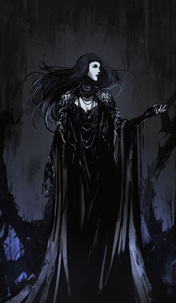 a black and white drawing of a woman with long hair wearing a cloak, holding her hands