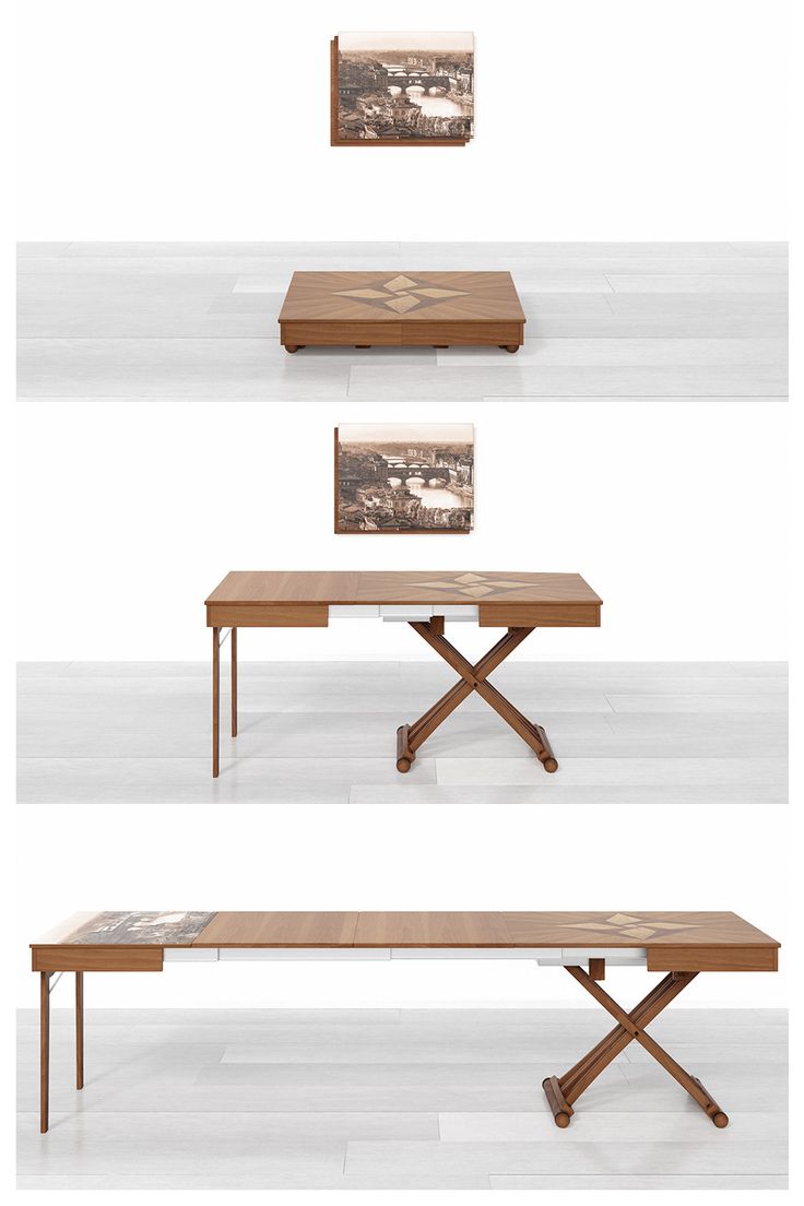 three different angles of a table with pictures on it