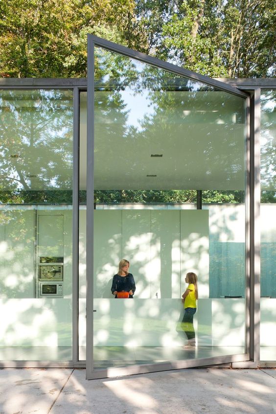 Oversized framed glass pivot door.