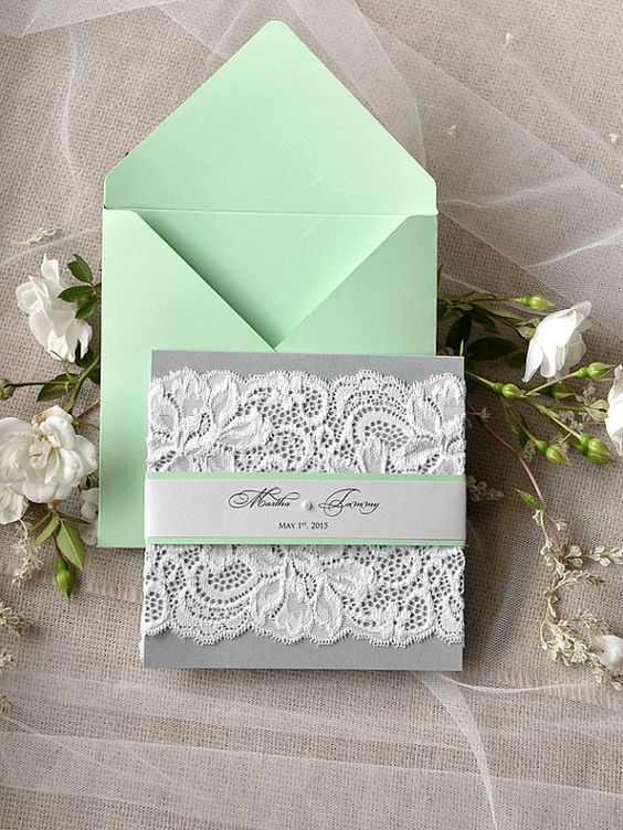 Mint and grey lace invitations.