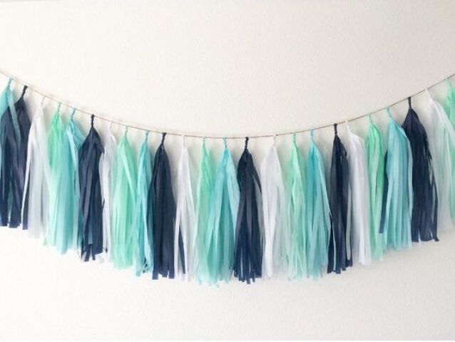 Mint and navy taseel garland.