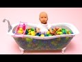 Baby Doll Bath Time in M&M's Candy Bathtub (Turtle, Minion etc)