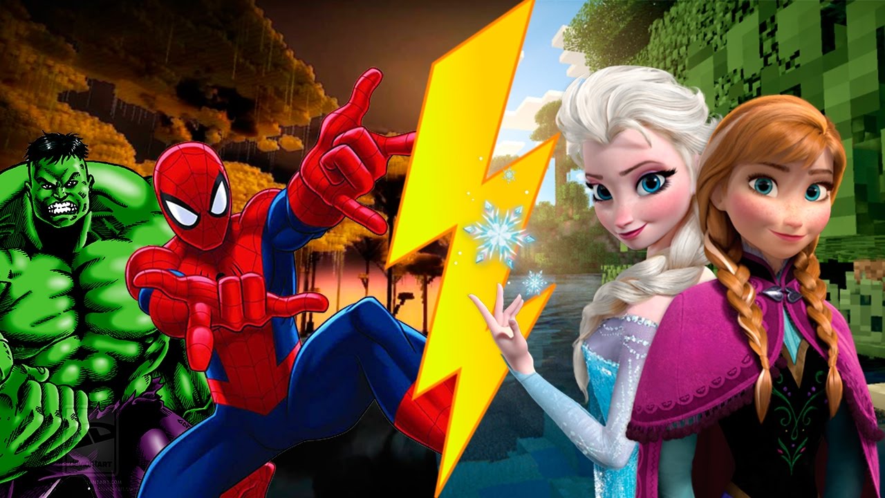 ELSA Y ANNA FROZEN vs SPIDERMAN Y HULK en MINECRAFT - YouTube