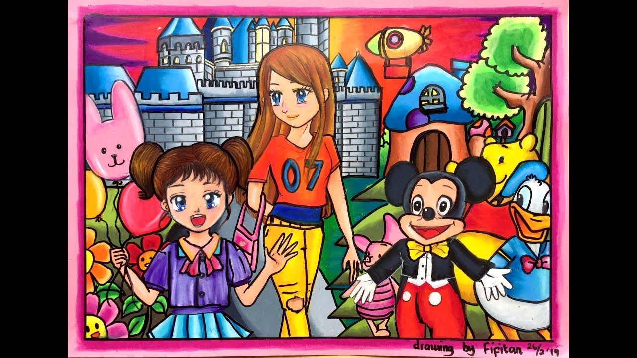 Cara Menggambar Dan Gradasi Warna Tema Rekreasi Ke Disney Land Youtube Disneyland Disney Drawings