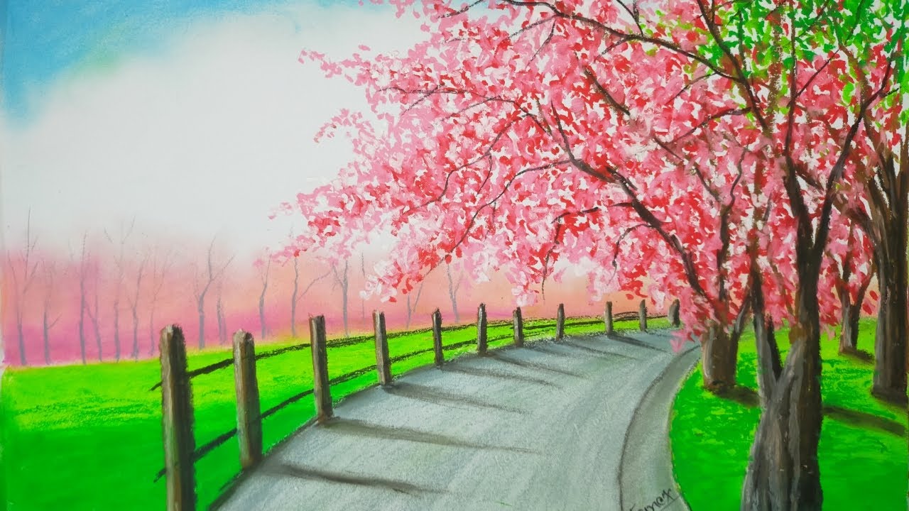 Oil Pastel Beautiful Spring Season Drawing / Learn oil pastel drawing ...