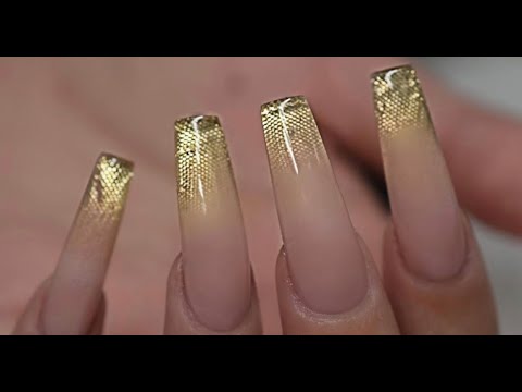 HOW TO DO GOLD FABRIC FOIL OMBRE NAILS DESIGN I ACRYLIC TUTORIAL COFFIN SHAPE I NOTPOLISH I NAIL ART