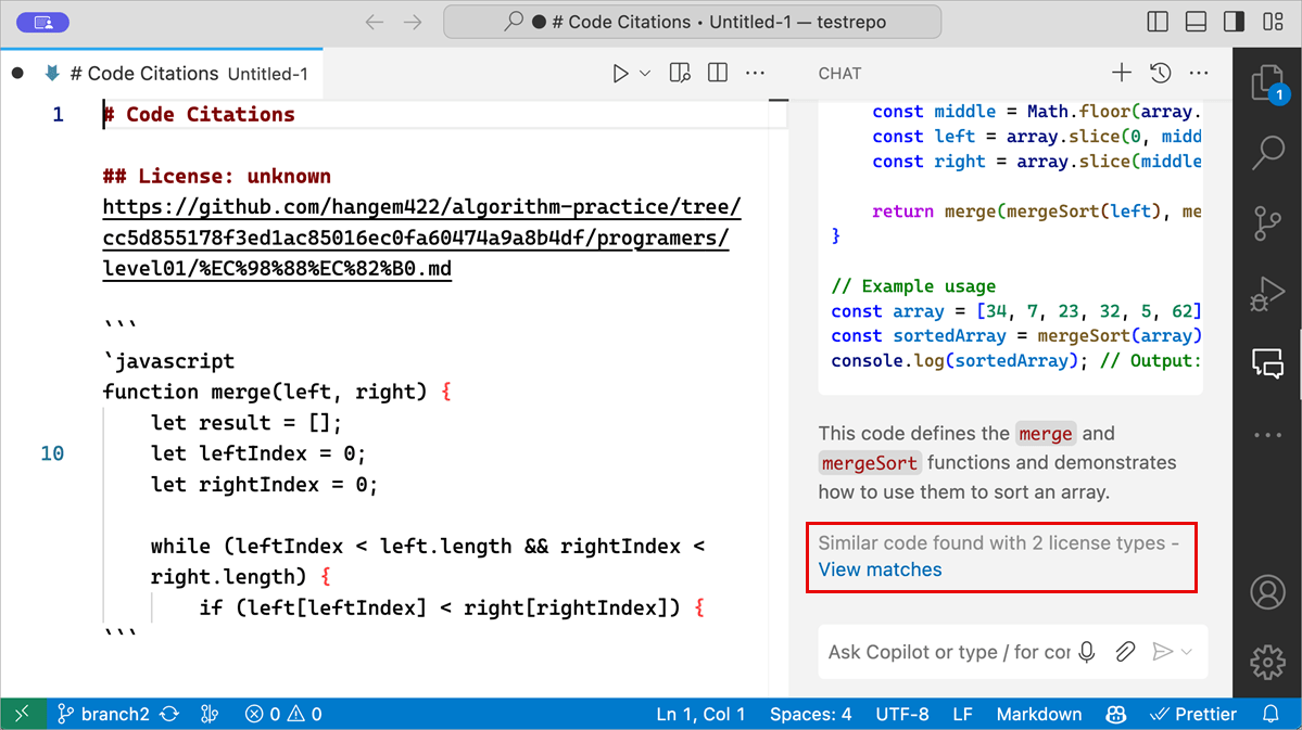 Screenshot of GitHub Chat in VS Code. A red rectangle highlights the end of a response that reads "Similar code found with 2 license types - View matches."