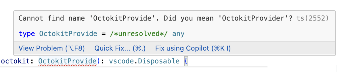 The Problem hover showing a fix using Copilot action