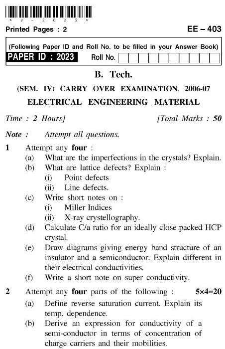 Uptu B Tech Question Papers Ee 403 Electrical Engineering