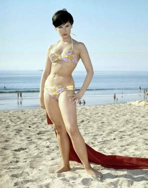 Yvonne Craig in a bikini on a beach, 1966.