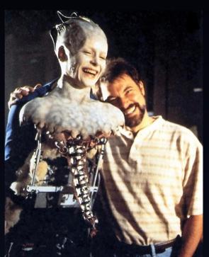 Behind the scenes photo of Alice Krige, in costume as Borg Queen, and Jonathan Frakes, director of Star Trek: First Contact, 1995/1996