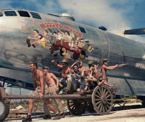 The crew of B-29 Superfortress 42-24598 “Waddy’s Wagon” posing to duplicate the nose art. All were killed in action when the bomber was shot down over Japan in January 1945.