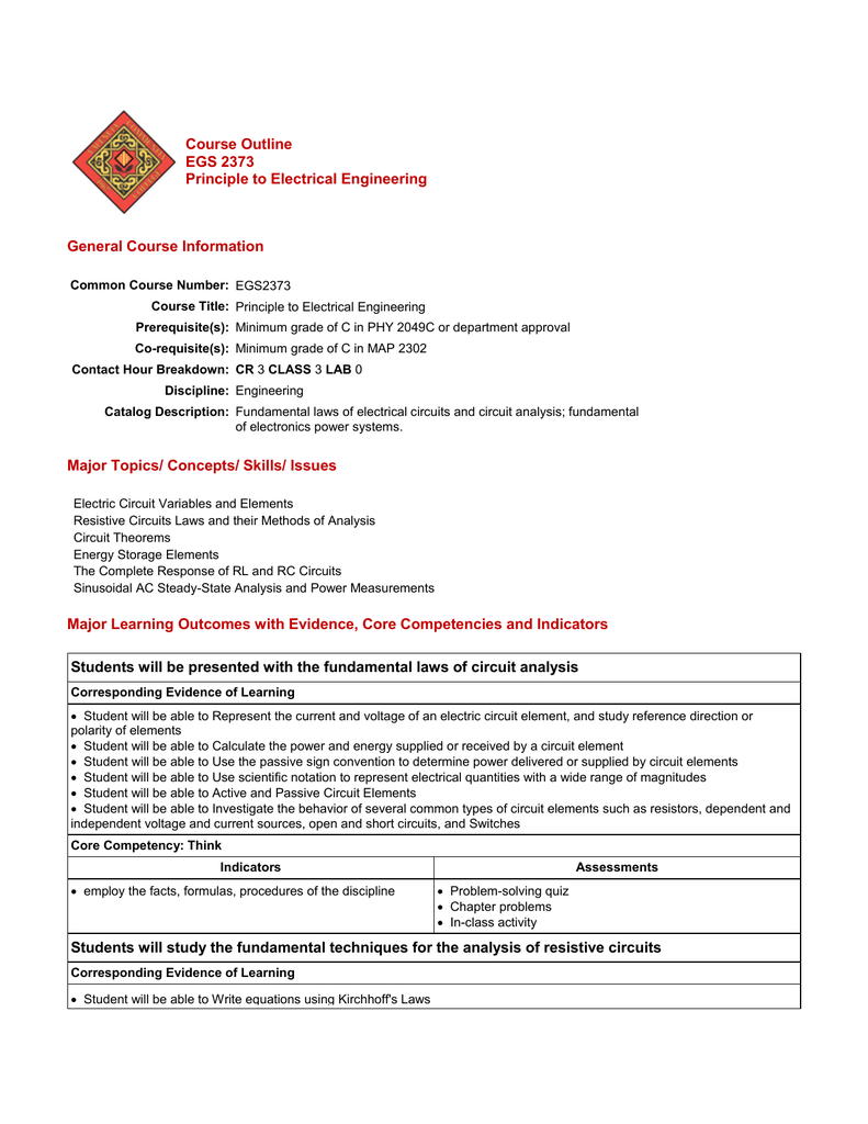 Course Outline Egs 2373 Principle To Electrical Engineering