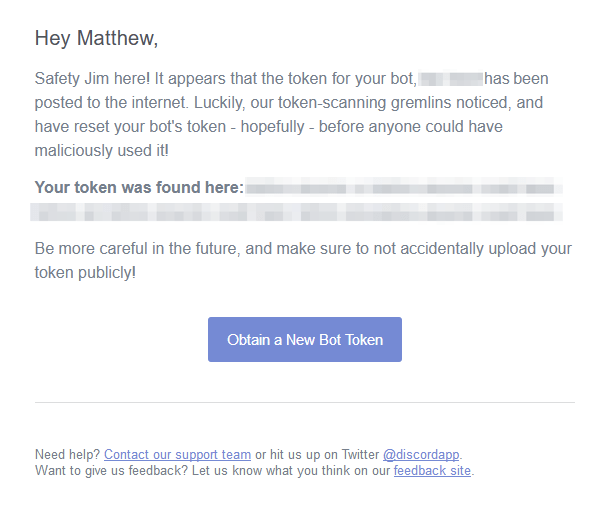 A notification email about a user's Discord token