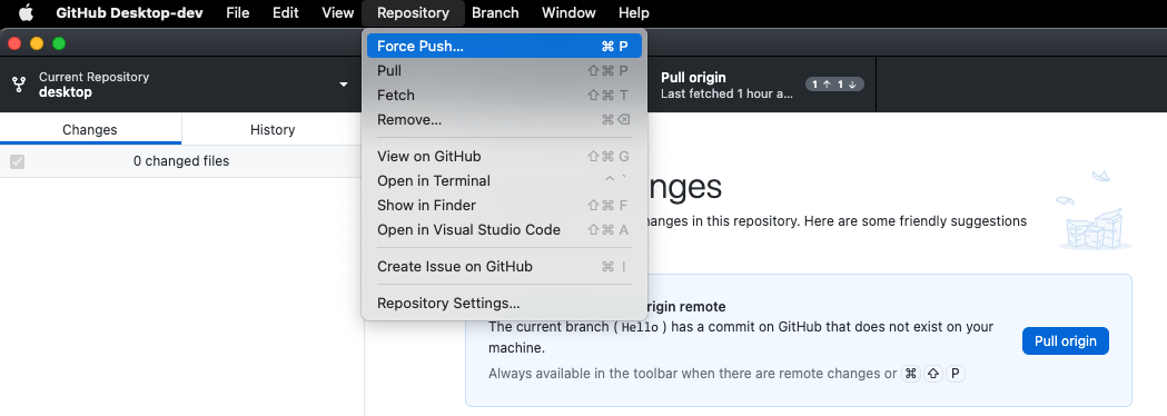 ALT GitHub Desktop repository in a diverged state with Repository menu open showing force push menu item