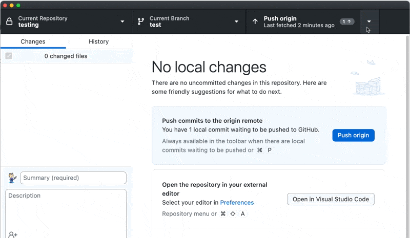 Gif that shows a user pressing fetch to put the repository in a diverged state. Then, shows the user opening the new dropdown and force pushing their changes to overwrite the changes in the remote.