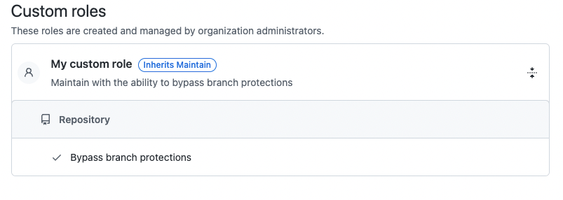 Image of Custom roles Inherited from Maintain role that adds the new Bypass branch protections permission