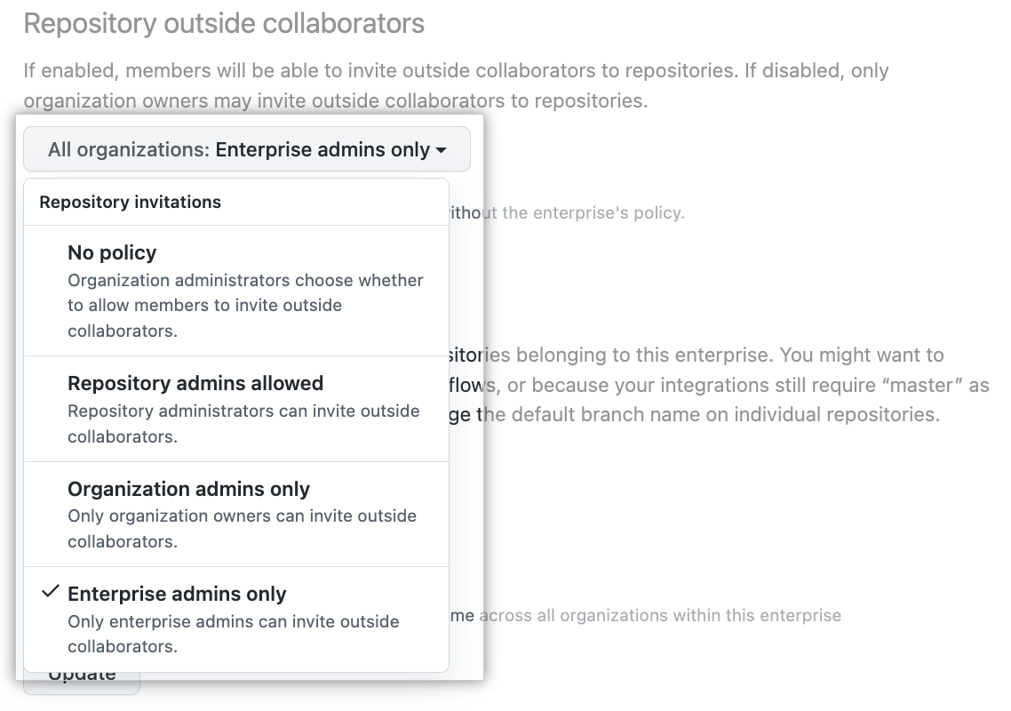 Shows the new option "Enterprise admins only" in the "Repository outside collaborators" policy