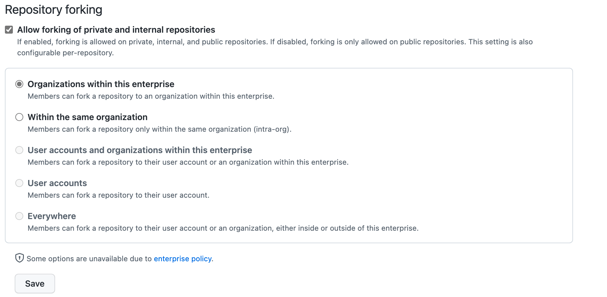 Screenshot of organization fork policy settings