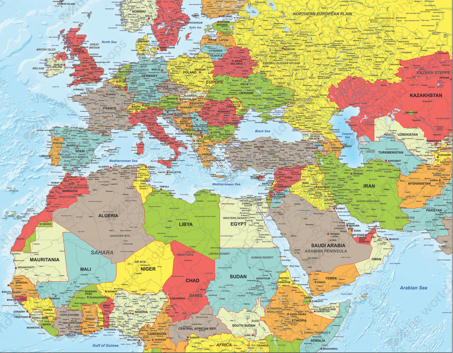 Middle Eastern Europe Map - World Map Colored Continents