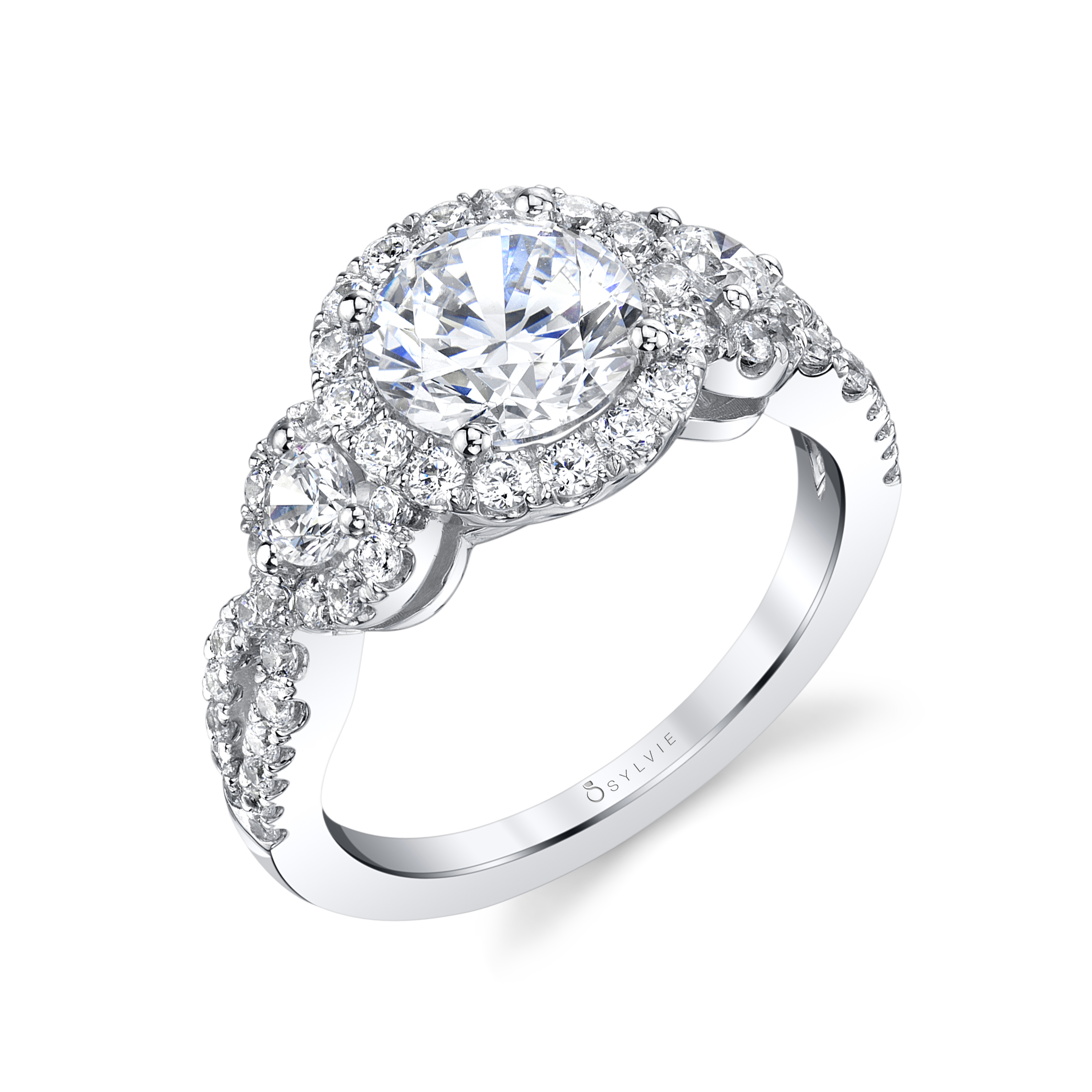 SYLVIE THREE STONE ENGAGEMENT RING WITH HALO Beard's Diamonds