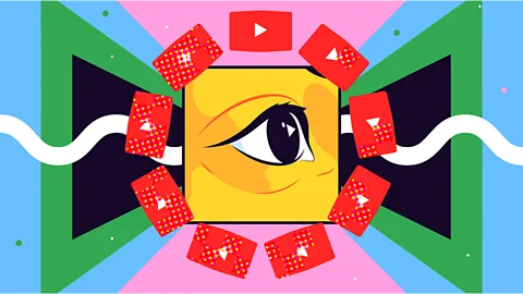 A brightly-coloured illustration showing the YouTube logo repeated in a circle around a human eye (Credit: Estudio Santa Rita)