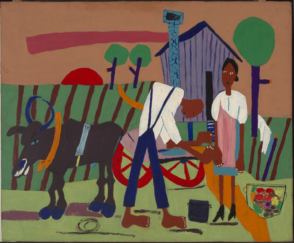 William H. Johnson, Farm Couple at Work, ca. 1942-1944, oil on paperboard, Smithsonian American Art Museum, Gift of the Harmon Foundation, 1967.59.618