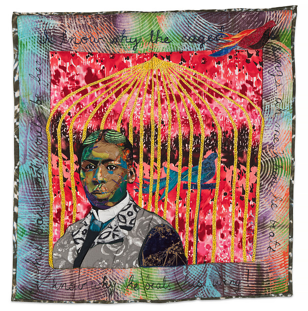 Bisa Butler, I Know Why the Caged Bird Beats His Wings, 2012, commercial cotton fabric, rayon, linen, chiffon, batik fabric, cotton batting, acrylic paint, and polyester fabric, Smithsonian American Art Museum, Gift of Fleur S. Bresler, 2023.40.5