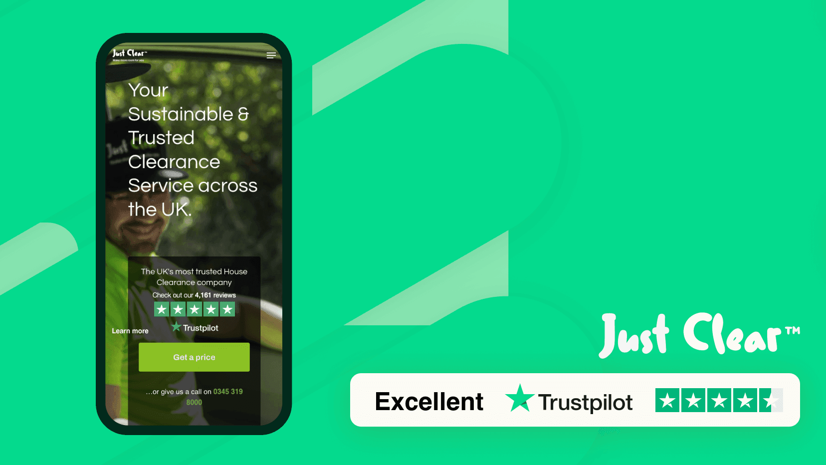 Just Clear's website displayed on a smartphone with their Trustpilot rating of Excellent displayed on the right hand side